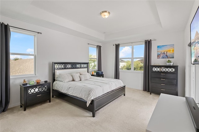 bedroom featuring a tray ceiling and light colored carpet