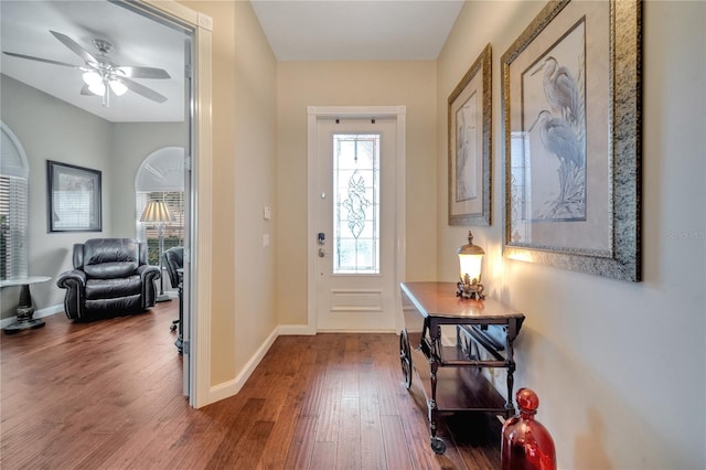 entryway featuring ceiling fan and hardwood / wood-style floors