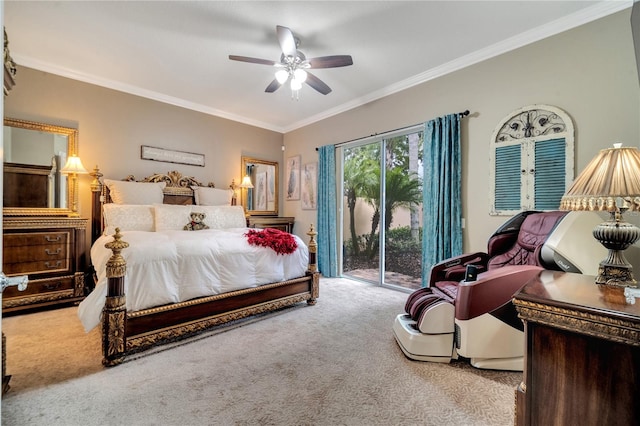 bedroom featuring ceiling fan, crown molding, access to exterior, and light carpet