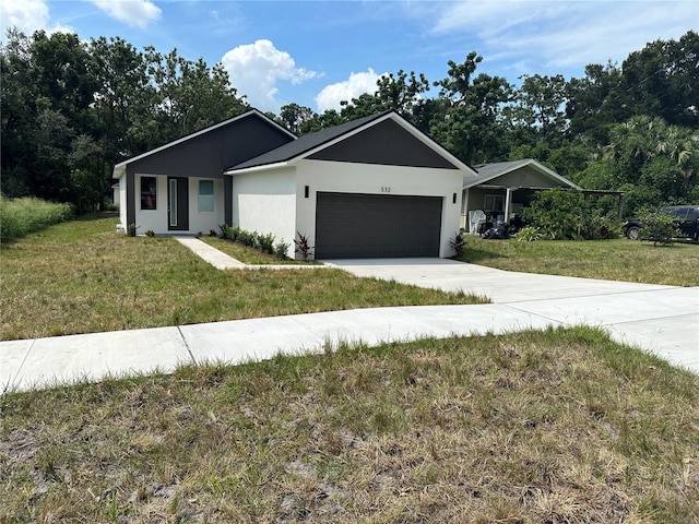 ranch-style house with a front lawn and a garage