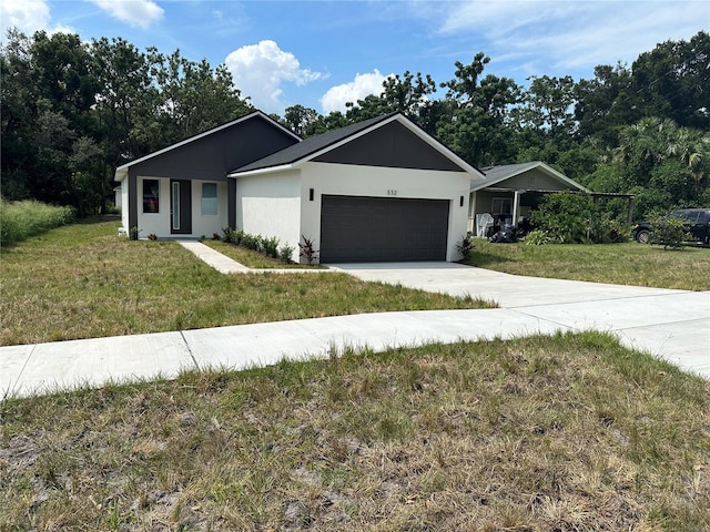 ranch-style home with a garage, a front lawn, concrete driveway, and stucco siding