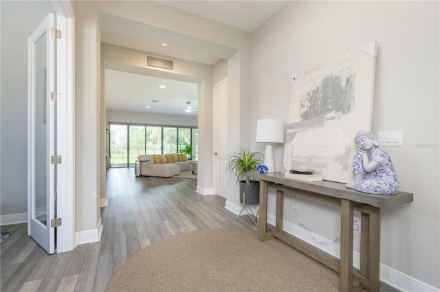 291 Mossy River Ct, Brandon, FL 33511 - hallway with baseboards, wood finished floors, and recessed lighting