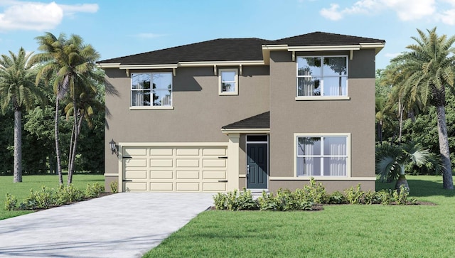 view of front of house featuring a garage, concrete driveway, a front lawn, and stucco siding