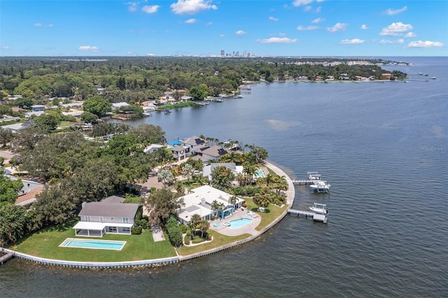 aerial view featuring a water view