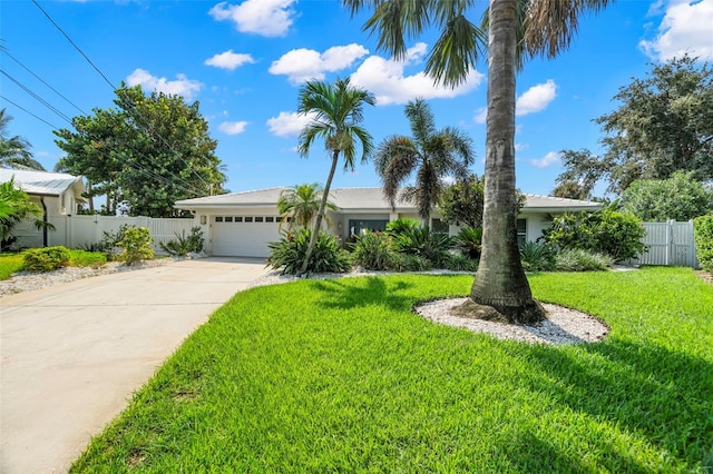 view of front facade with concrete driveway, a front lawn, an attached garage, and fence