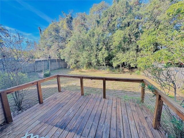 wooden terrace featuring a fenced backyard and a lawn