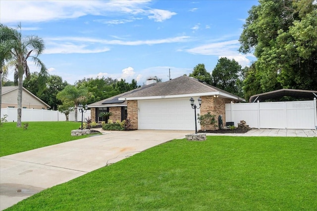 ranch-style home featuring a garage and a front yard