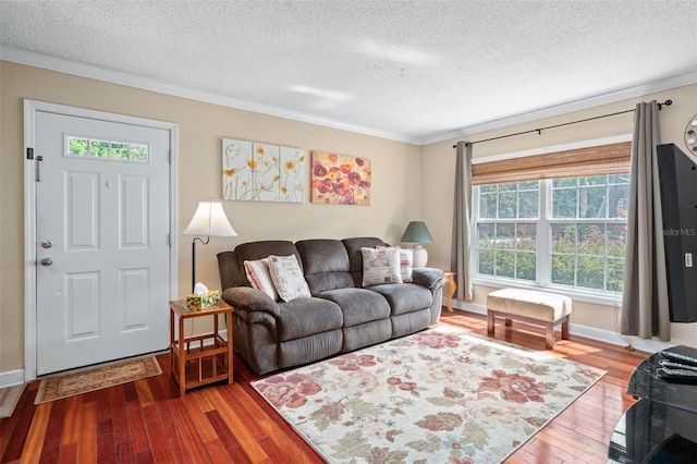 living room featuring hardwood / wood-style floors, crown molding, a textured ceiling, and a healthy amount of sunlight