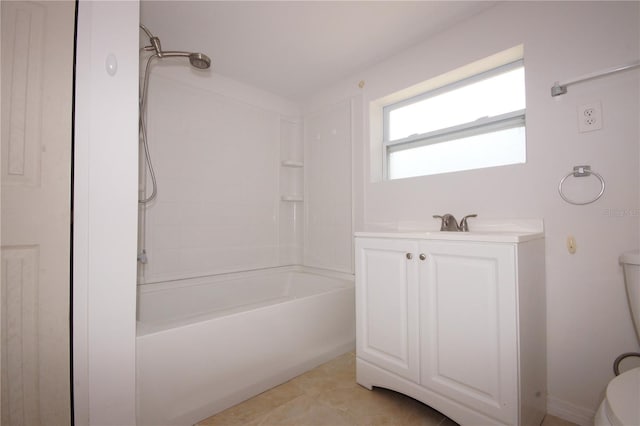 full bathroom with tile patterned flooring, shower / bathtub combination, toilet, and vanity