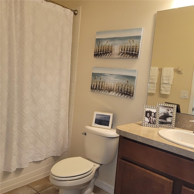 full bathroom featuring tile patterned flooring, vanity, toilet, and shower / bath combination with curtain