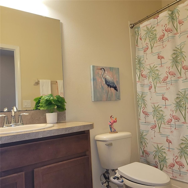 bathroom featuring a shower with curtain, vanity, and toilet