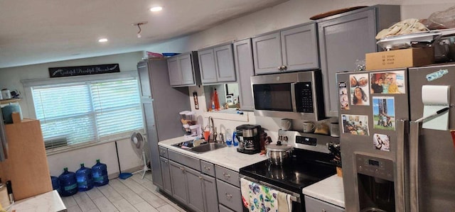 kitchen with gray cabinetry, stainless steel appliances, and sink