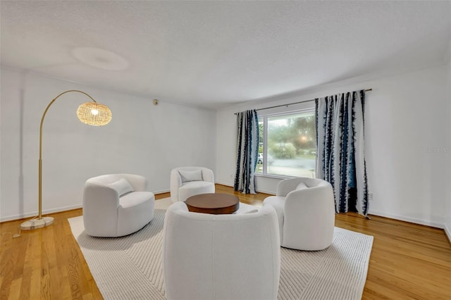 living area featuring a textured ceiling, wood finished floors, and baseboards