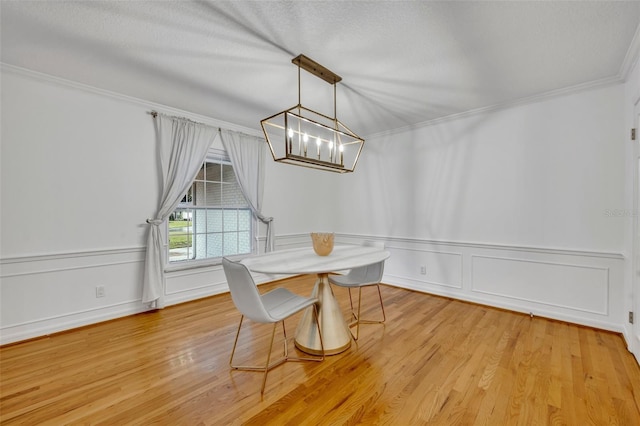 dining area with ornamental molding, wainscoting, light wood-style flooring, and a textured ceiling