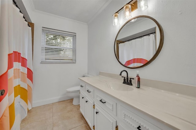 bathroom featuring ornamental molding, tile patterned flooring, vanity, and toilet