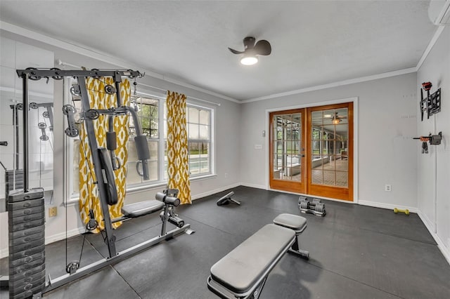 workout room with baseboards, ornamental molding, and french doors