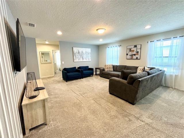 living room with a textured ceiling and carpet flooring