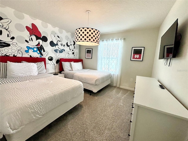 carpeted bedroom with a textured ceiling