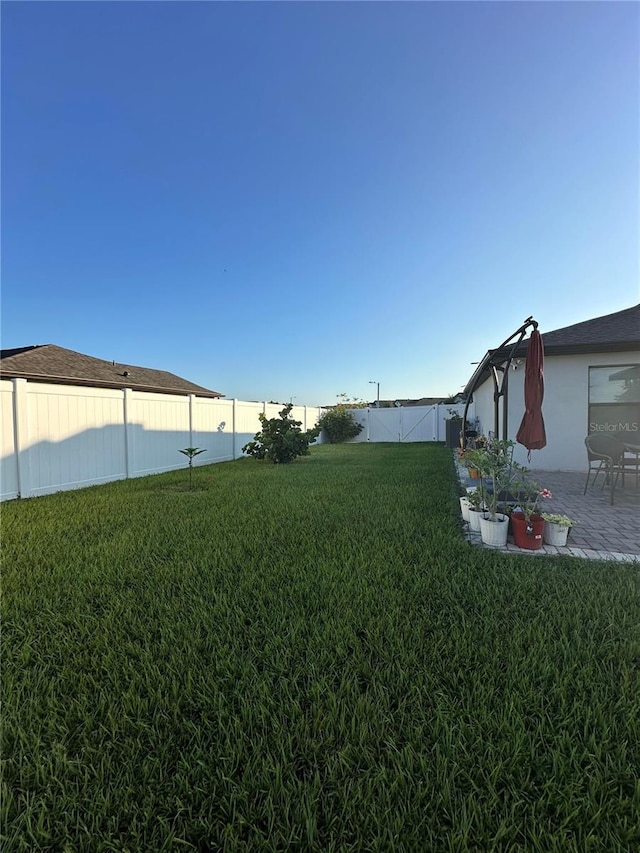 view of yard with a patio area and a fenced backyard