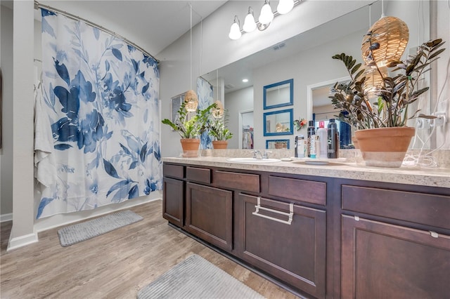 bathroom with vanity and hardwood / wood-style floors