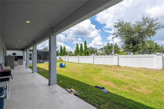 view of yard with a patio area and a fenced backyard