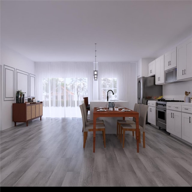 dining area featuring sink and light hardwood / wood-style flooring