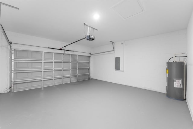 garage with a garage door opener, electric panel, and electric water heater