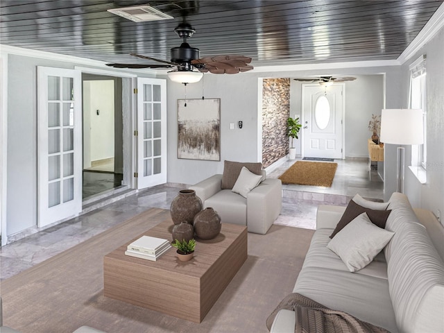 living room featuring crown molding, ceiling fan, and wood ceiling