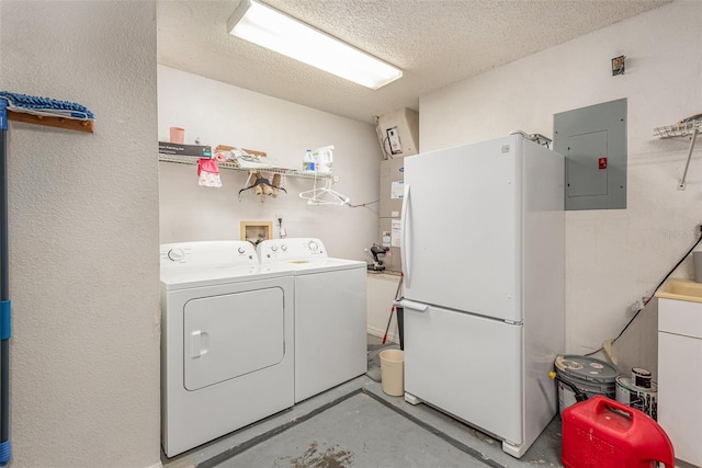 laundry room with electric panel, water heater, washing machine and dryer, a textured ceiling, and laundry area