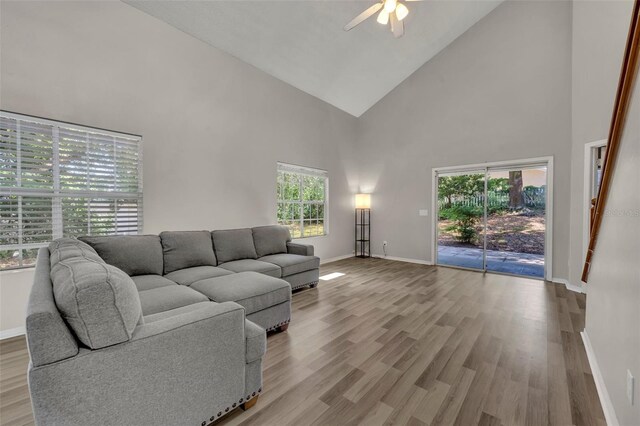 living room with ceiling fan, high vaulted ceiling, and light hardwood / wood-style flooring