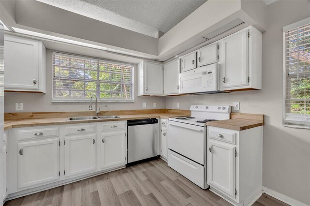 kitchen featuring a wealth of natural light, white appliances, light hardwood / wood-style floors, and sink