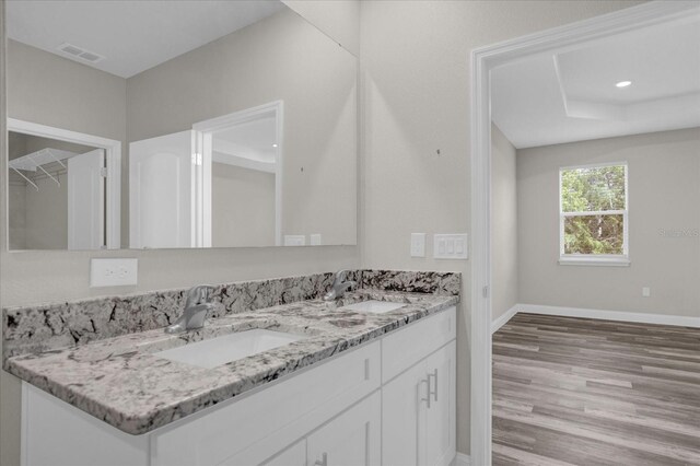 bathroom featuring hardwood / wood-style floors, a raised ceiling, and dual vanity