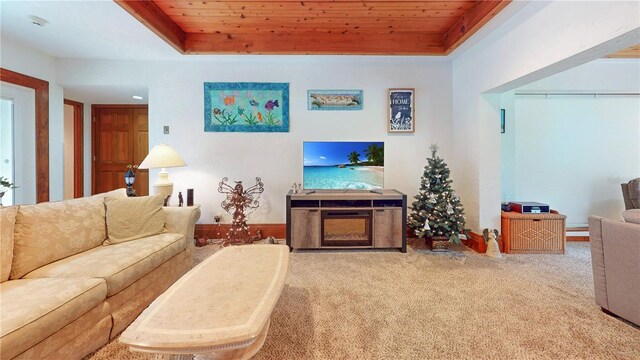 living room featuring a raised ceiling, carpet, and wood ceiling