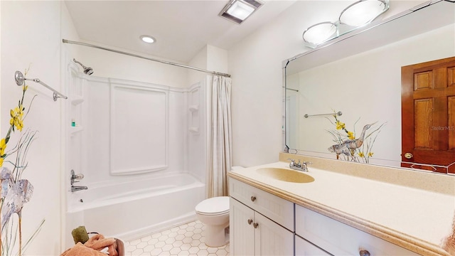 full bathroom with toilet, shower / bathtub combination with curtain, tile patterned floors, and vanity