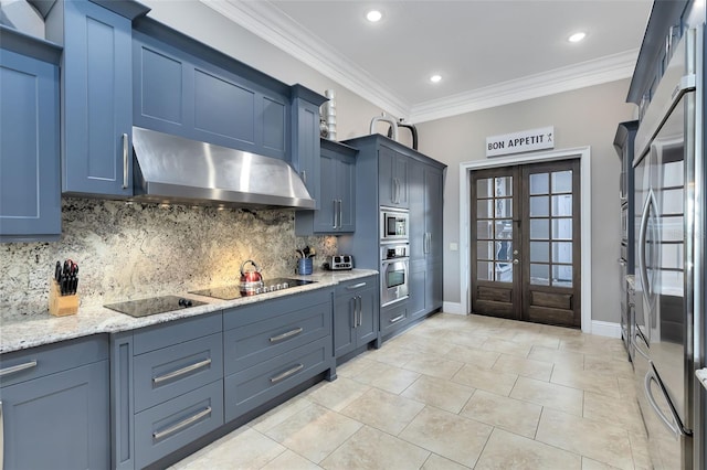 kitchen featuring backsplash, french doors, light stone countertops, stainless steel appliances, and wall chimney range hood