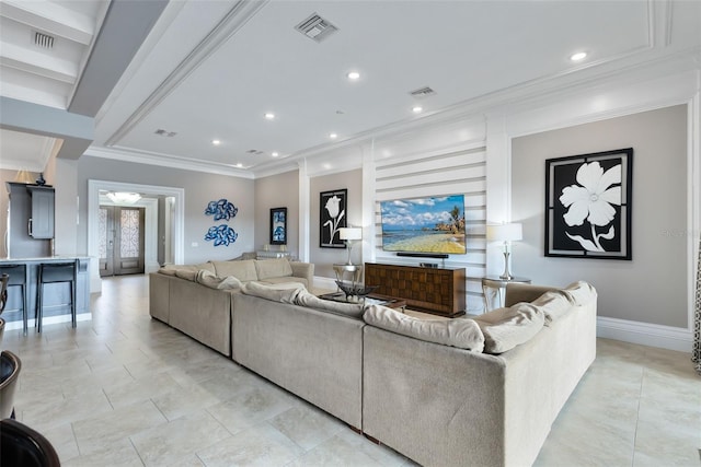 tiled living room with crown molding