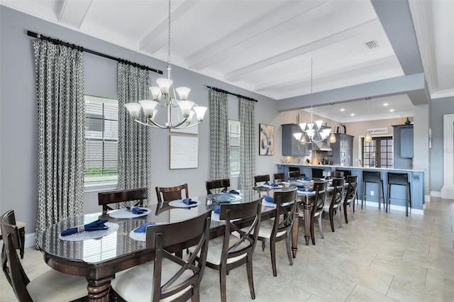 tiled dining room with beamed ceiling and a notable chandelier