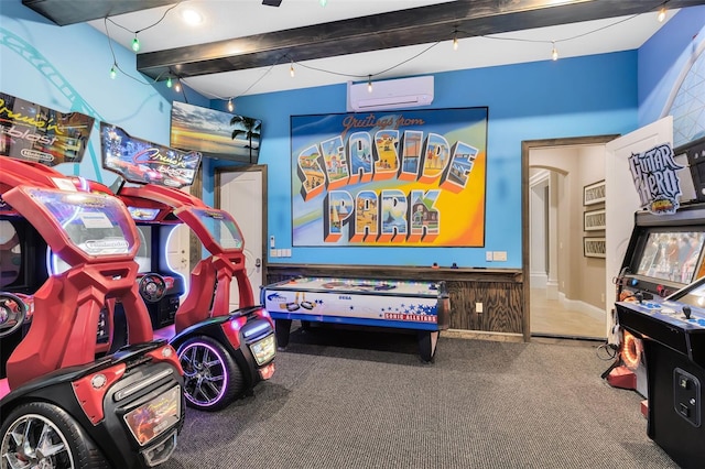 interior space with a wall unit AC, beam ceiling, and carpet