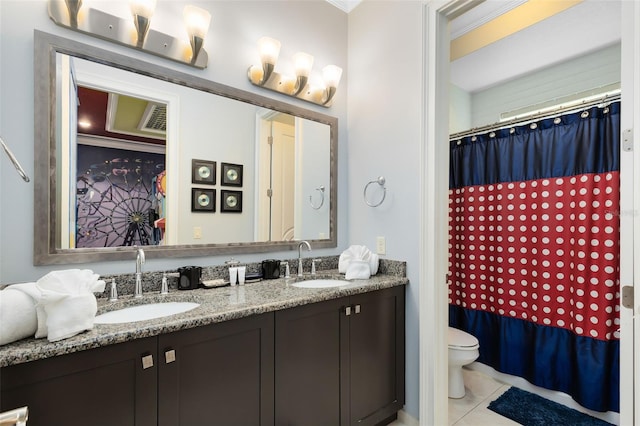 bathroom with toilet, tile patterned flooring, crown molding, vanity, and a shower with curtain