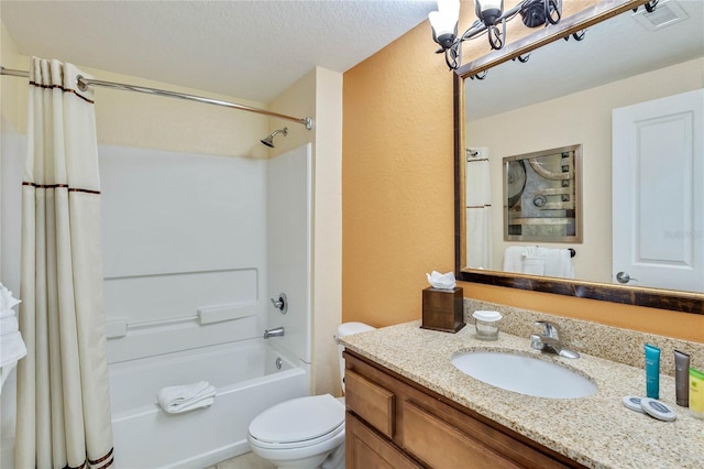 full bathroom with a textured ceiling, toilet, shower / tub combo, and vanity