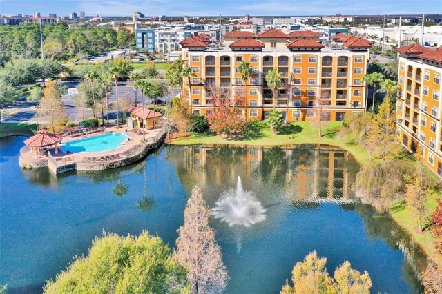 drone / aerial view featuring a water view