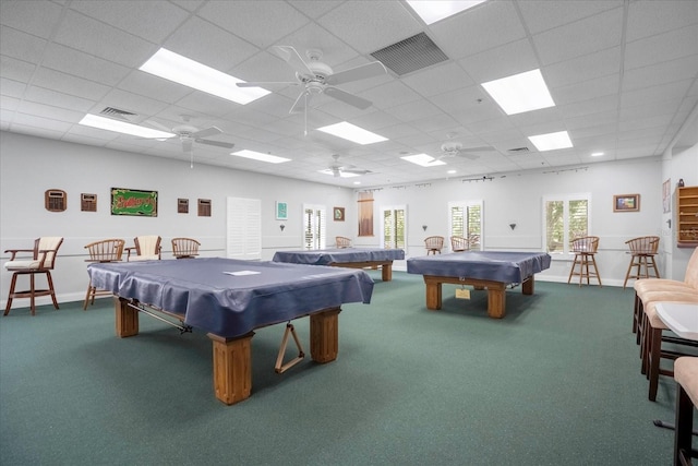 recreation room featuring pool table, visible vents, a drop ceiling, and carpet