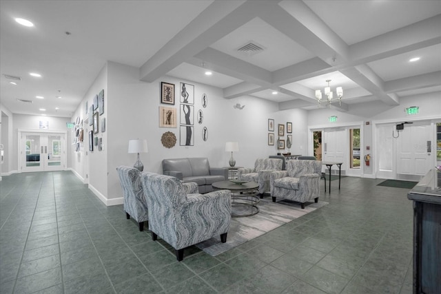 living room with french doors, visible vents, a chandelier, coffered ceiling, and beamed ceiling