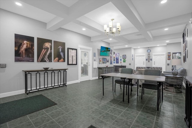 dining area with a notable chandelier, beamed ceiling, coffered ceiling, and baseboards