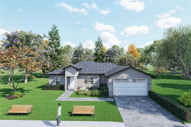 view of front of home with a garage and a front lawn