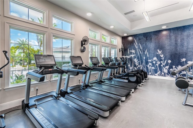 gym featuring a raised ceiling