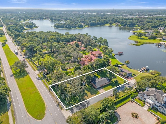 drone / aerial view with a water view