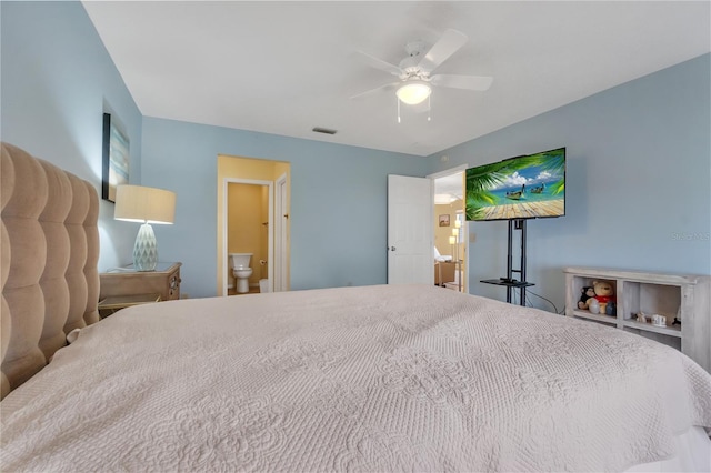 bedroom with ceiling fan and ensuite bathroom