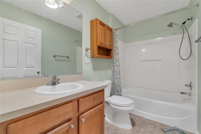 full bathroom with shower / bathtub combination, toilet, vanity, and tile patterned floors