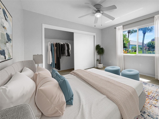 bedroom featuring ceiling fan and a closet